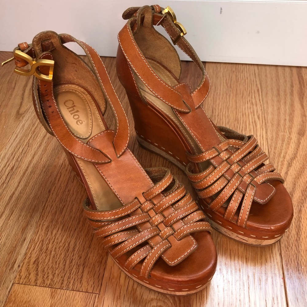Chloe Tan Leather Wedges